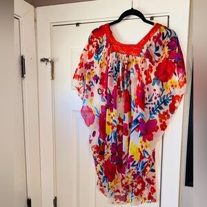 Vibrant Floral Women's Blouse with Red Accents